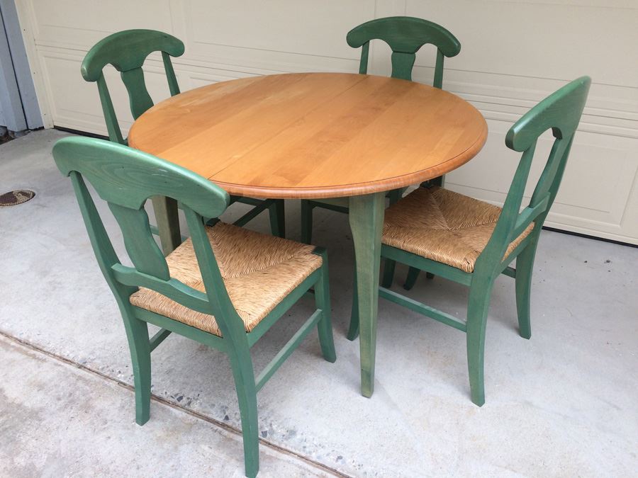 Wooden Table with (4) Green Rush Seat Chairs [Photo 1]