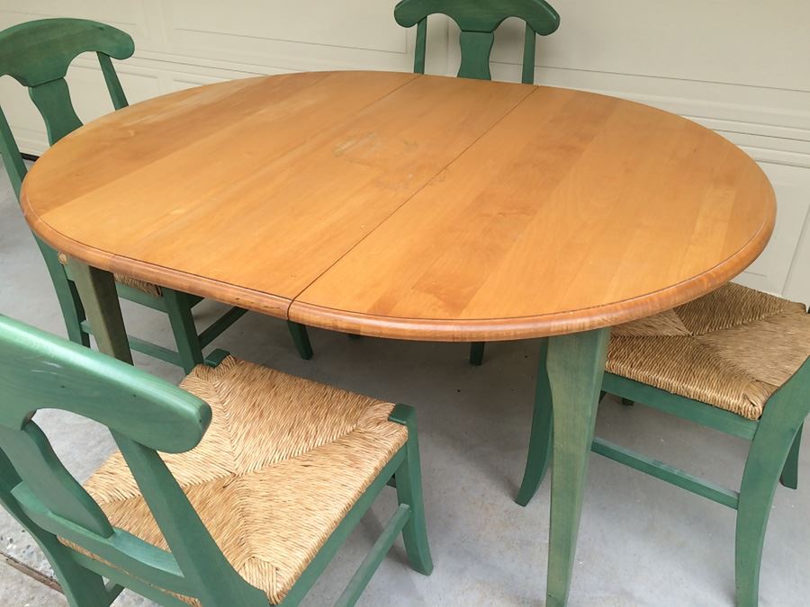 Wooden Table with (4) Green Rush Seat Chairs [Photo 9]
