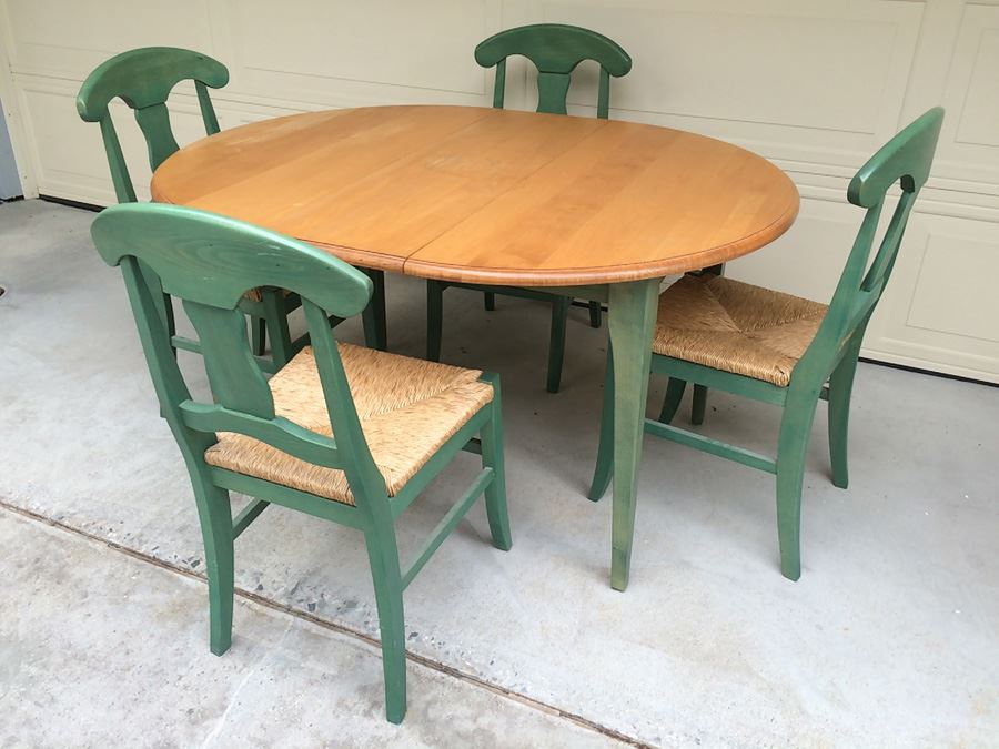 Wooden Table with (4) Green Rush Seat Chairs [Photo 8]