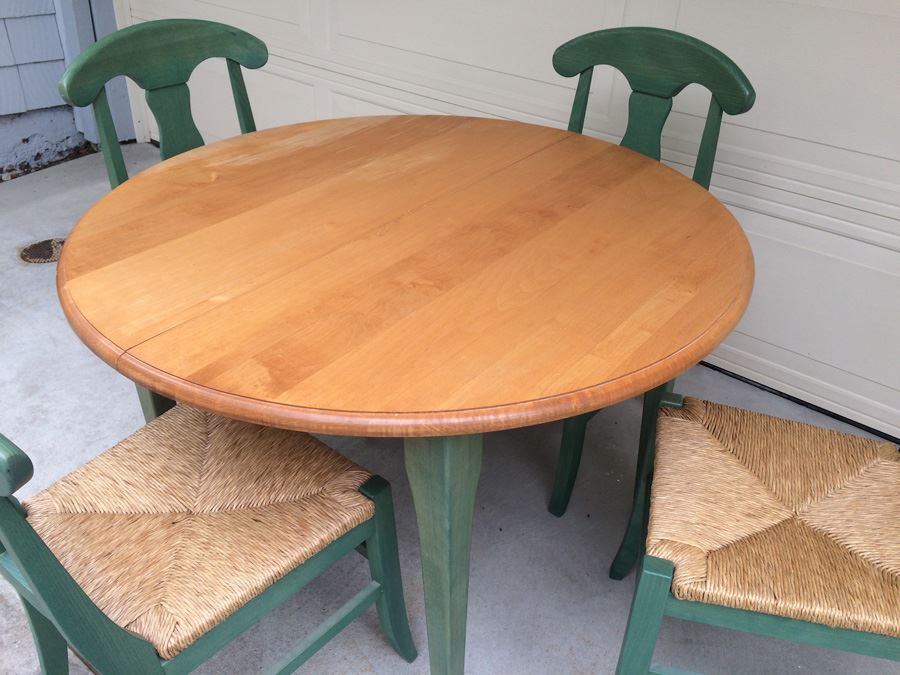 Wooden Table with (4) Green Rush Seat Chairs [Photo 6]