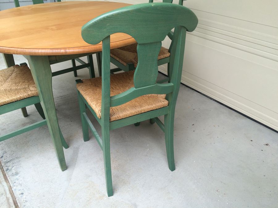 Wooden Table with (4) Green Rush Seat Chairs [Photo 3]