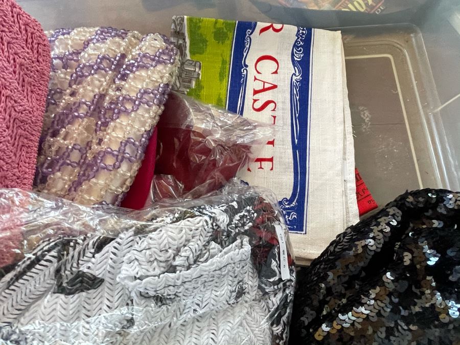 Plastic Bin Filled With New Linens, Beaded Purses, Tablecloths, Handbags (See All Photos) [Photo 24]