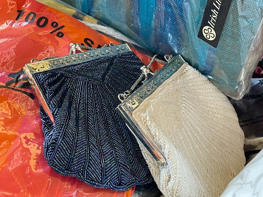 Plastic Bin Filled With New Linens, Beaded Purses, Tablecloths, Handbags (See All Photos) [Photo 3]