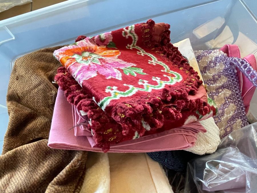 Plastic Bin Filled With New Linens, Beaded Purses, Tablecloths, Handbags (See All Photos) [Photo 10]