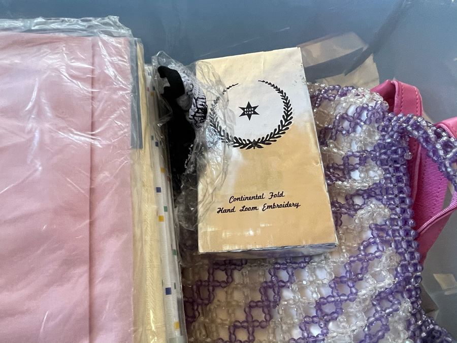 Plastic Bin Filled With New Linens, Beaded Purses, Tablecloths, Handbags (See All Photos) [Photo 12]
