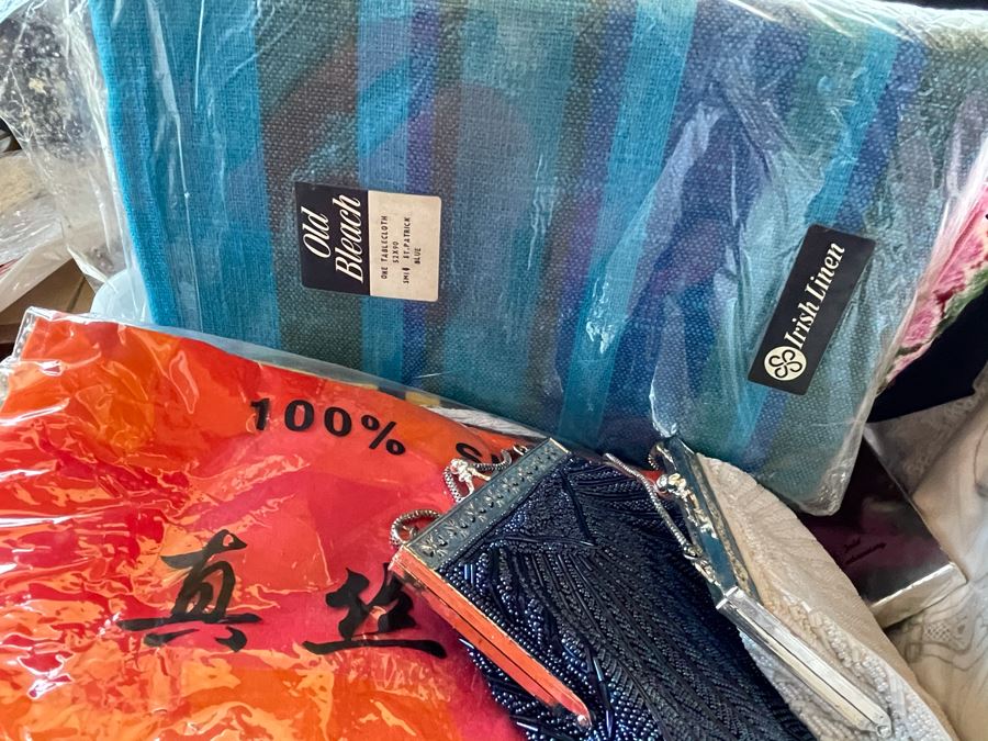 Plastic Bin Filled With New Linens, Beaded Purses, Tablecloths, Handbags (See All Photos) [Photo 5]