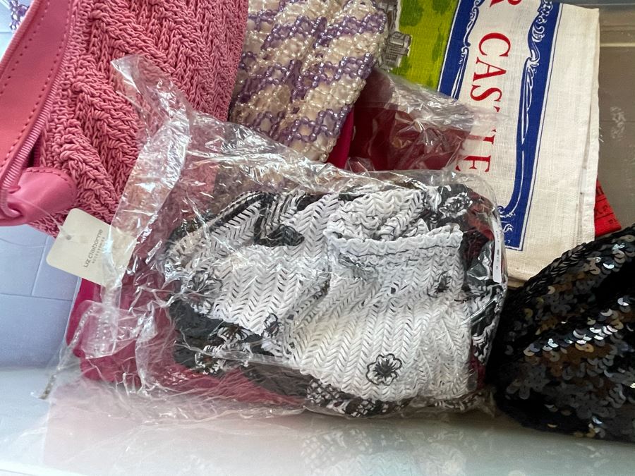 Plastic Bin Filled With New Linens, Beaded Purses, Tablecloths, Handbags (See All Photos) [Photo 25]