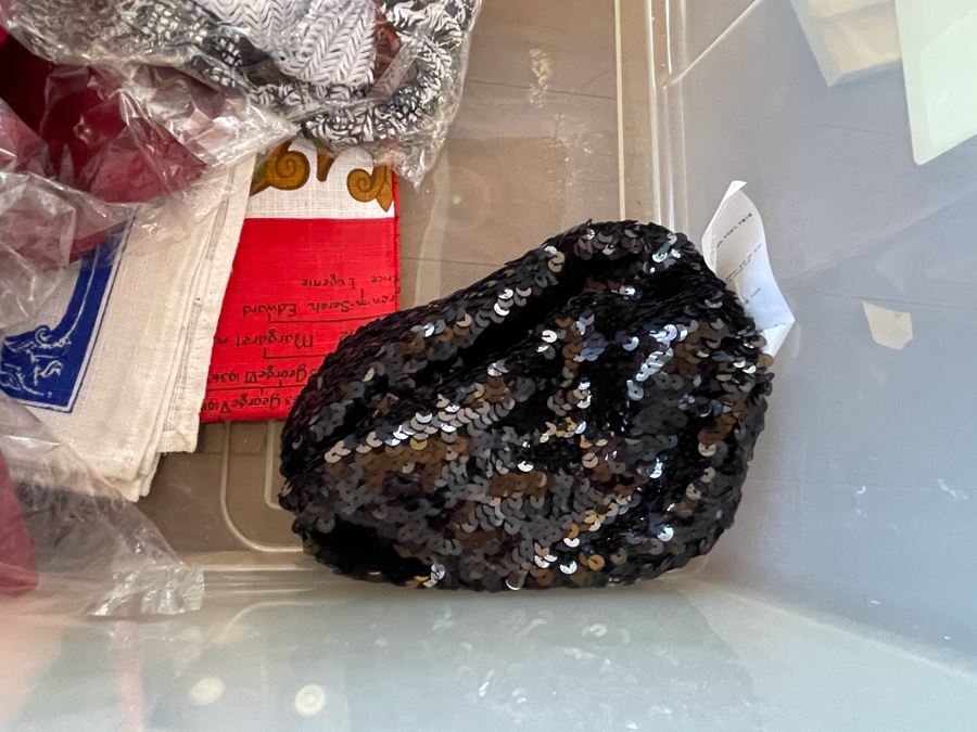 Plastic Bin Filled With New Linens, Beaded Purses, Tablecloths, Handbags (See All Photos) [Photo 23]