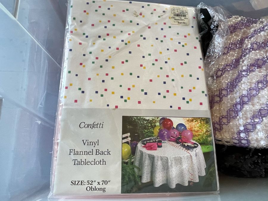 Plastic Bin Filled With New Linens, Beaded Purses, Tablecloths, Handbags (See All Photos) [Photo 16]