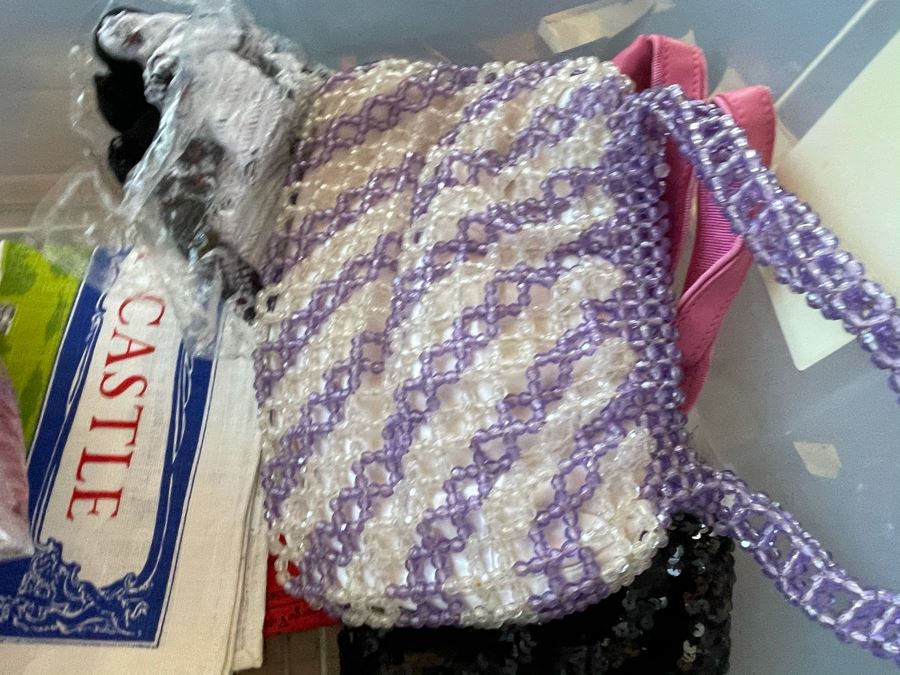Plastic Bin Filled With New Linens, Beaded Purses, Tablecloths, Handbags (See All Photos) [Photo 21]