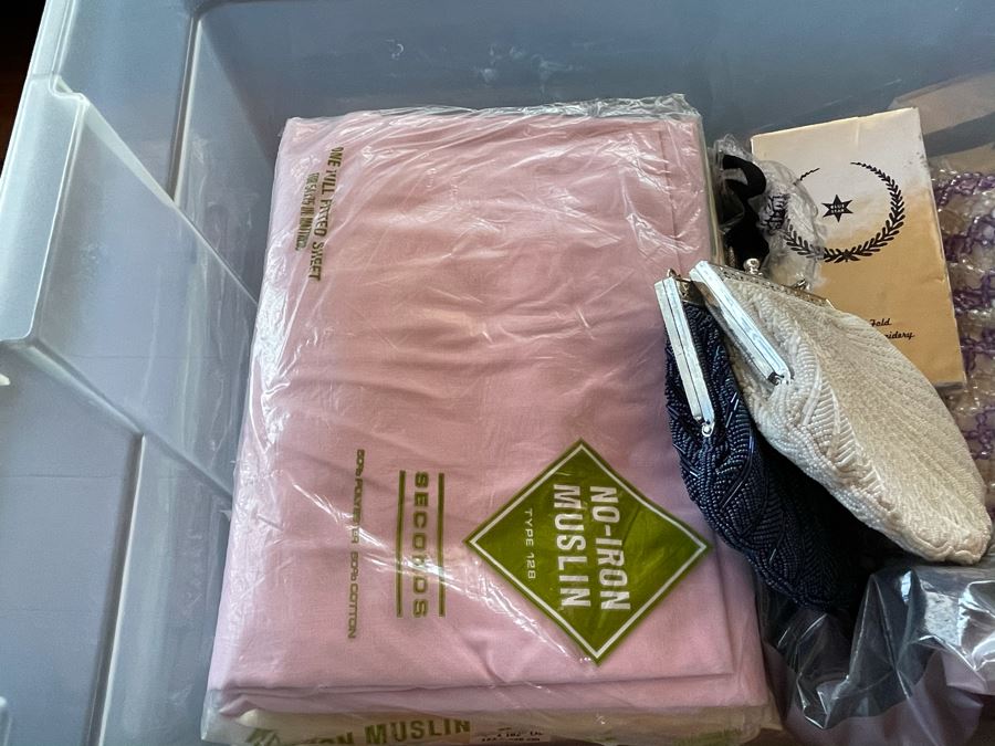 Plastic Bin Filled With New Linens, Beaded Purses, Tablecloths, Handbags (See All Photos) [Photo 11]