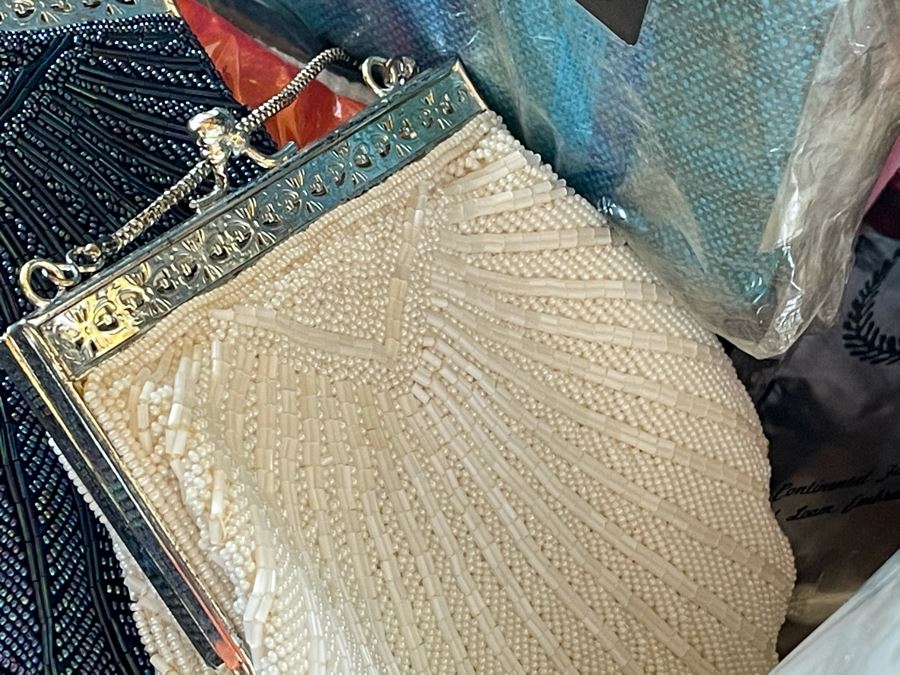 Plastic Bin Filled With New Linens, Beaded Purses, Tablecloths, Handbags (See All Photos) [Photo 4]