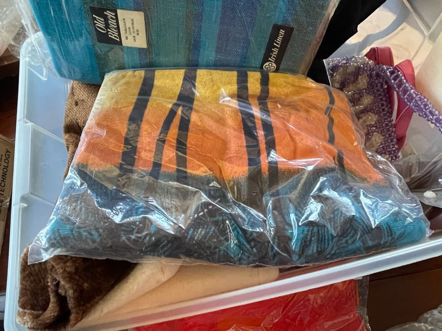 Plastic Bin Filled With New Linens, Beaded Purses, Tablecloths, Handbags (See All Photos) [Photo 9]