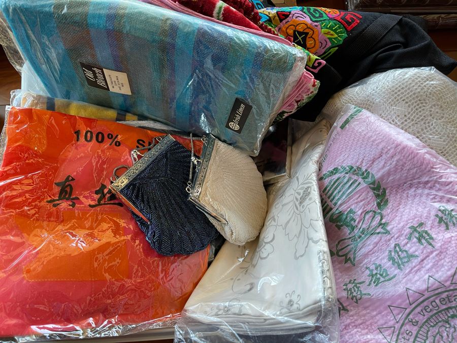 Plastic Bin Filled With New Linens, Beaded Purses, Tablecloths, Handbags (See All Photos)