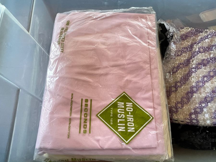 Plastic Bin Filled With New Linens, Beaded Purses, Tablecloths, Handbags (See All Photos) [Photo 14]