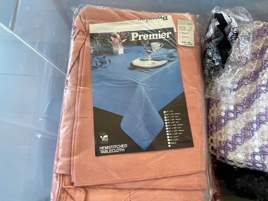 Plastic Bin Filled With New Linens, Beaded Purses, Tablecloths, Handbags (See All Photos) [Photo 17]