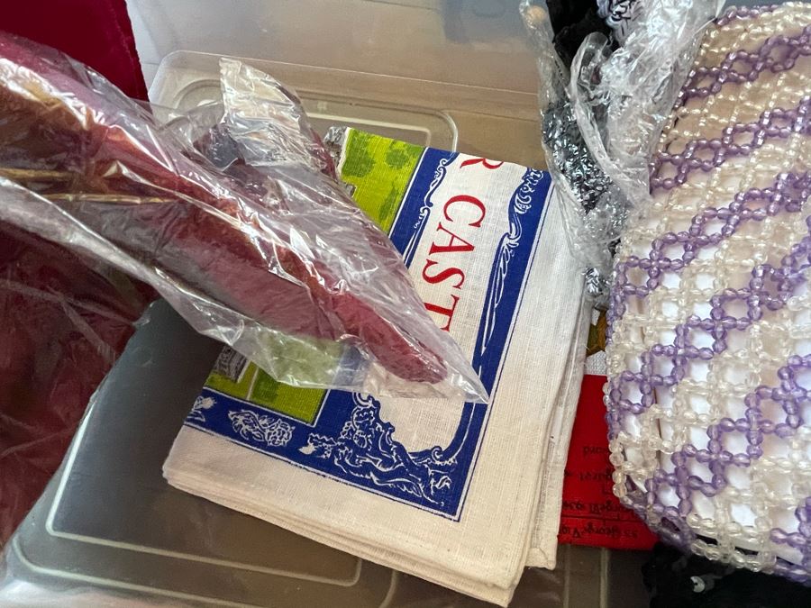 Plastic Bin Filled With New Linens, Beaded Purses, Tablecloths, Handbags (See All Photos) [Photo 20]