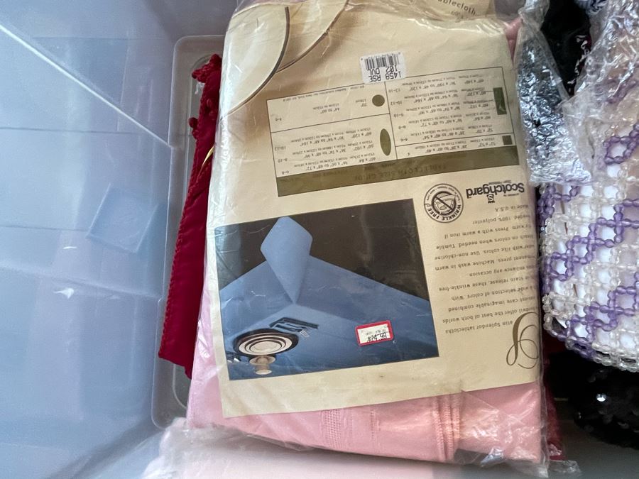 Plastic Bin Filled With New Linens, Beaded Purses, Tablecloths, Handbags (See All Photos) [Photo 19]
