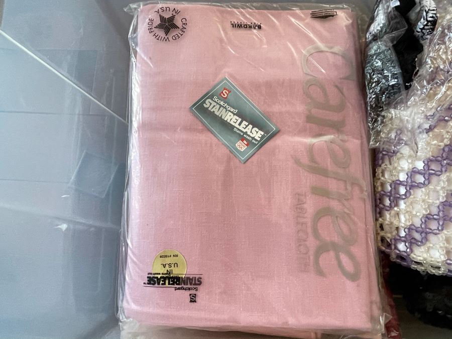 Plastic Bin Filled With New Linens, Beaded Purses, Tablecloths, Handbags (See All Photos) [Photo 18]