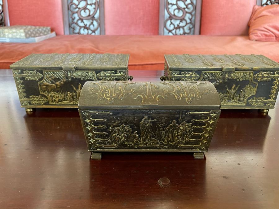 Set Of Three Edward Aagaard Metal / Wooden Boxes Kobenhavn Danmark 8W X 4D X 3.5H