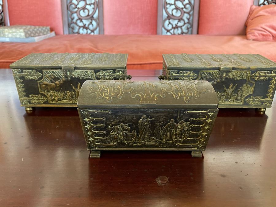 Set Of Three Edward Aagaard Metal / Wooden Boxes Kobenhavn Danmark 8W X 4D X 3.5H [Photo 1]