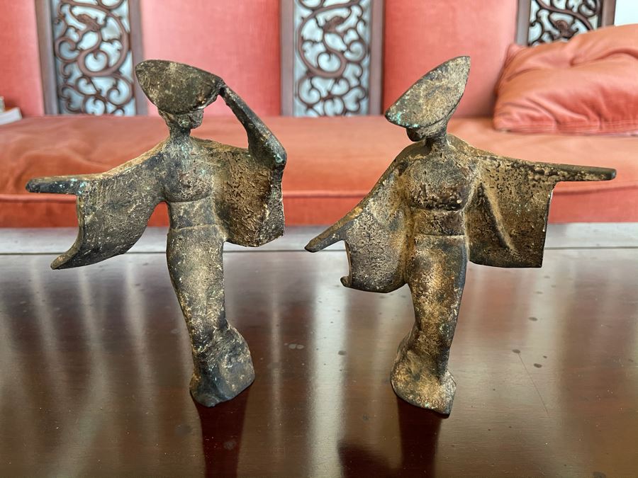 Pair Of Gilt Metal Japanese Geisha Girl Statues Figurines 7H [Photo 3]