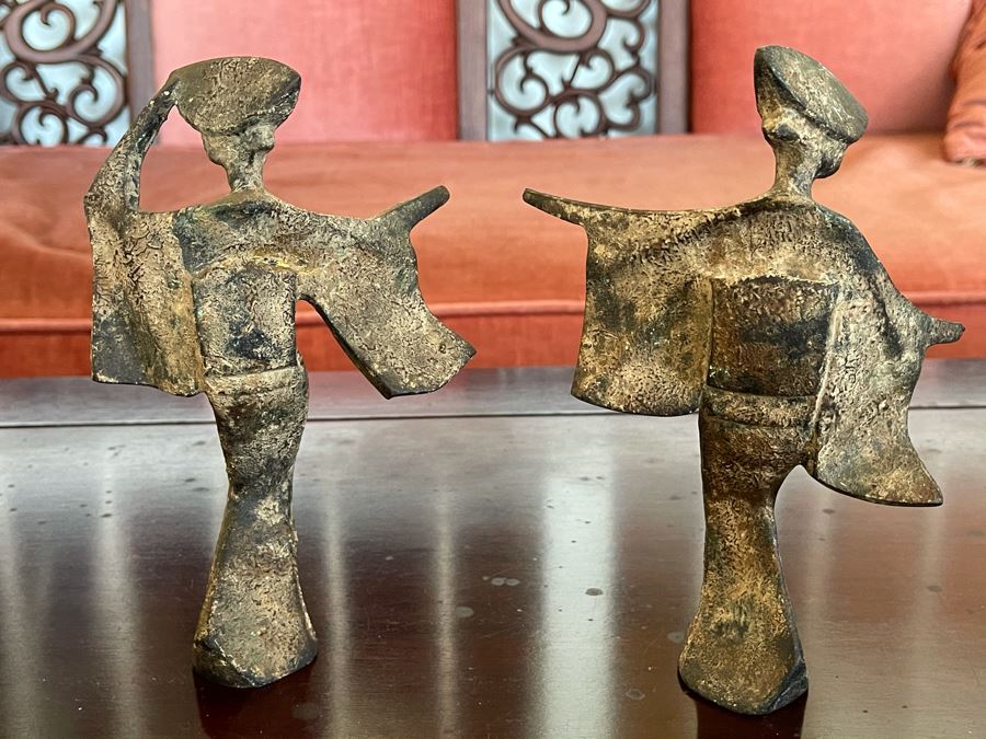 Pair Of Gilt Metal Japanese Geisha Girl Statues Figurines 7H [Photo 8]