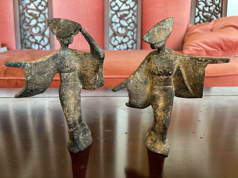 Pair Of Gilt Metal Japanese Geisha Girl Statues Figurines 7H