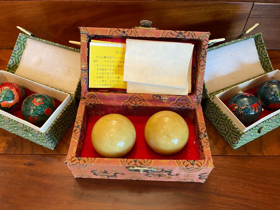 JUST ADDED - Chinese Jade Graniphyric Jade Boading Balls And Pair Of Cloisonne Boading Balls In Boxes