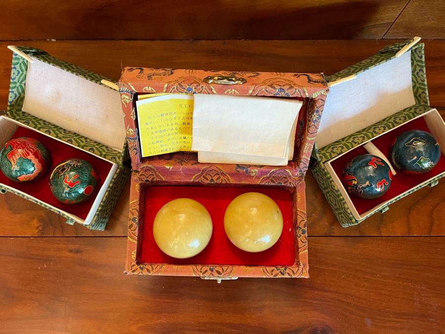 JUST ADDED - Chinese Jade Graniphyric Jade Boading Balls And Pair Of Cloisonne Boading Balls In Boxes [Photo 2]