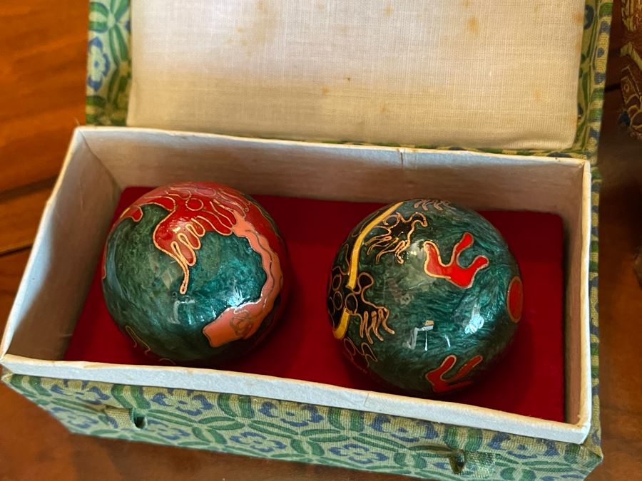 JUST ADDED - Chinese Jade Graniphyric Jade Boading Balls And Pair Of Cloisonne Boading Balls In Boxes [Photo 5]