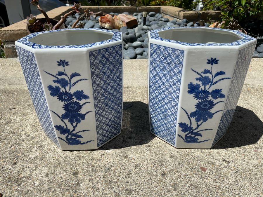 JUST ADDED - Pair Of Blue And White Flower Pots Apx 12H