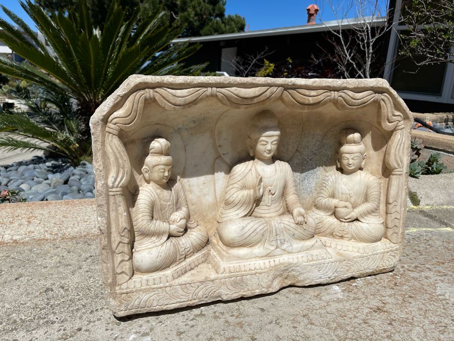 JUST ADDED - Vintage Relief Carved Stone Buddha Sculpture - (Very Heavy ~200lb) 24W X 6D X 16H [Photo 5]