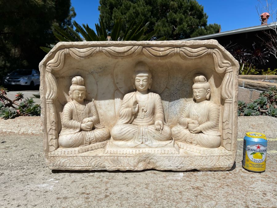 JUST ADDED - Vintage Relief Carved Stone Buddha Sculpture - (Very Heavy ~200lb) 24W X 6D X 16H [Photo 14]