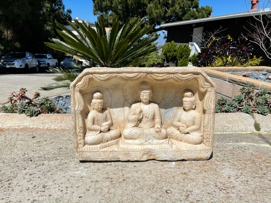 JUST ADDED - Vintage Relief Carved Stone Buddha Sculpture - (Very Heavy ~200lb) 24W X 6D X 16H [Photo 2]