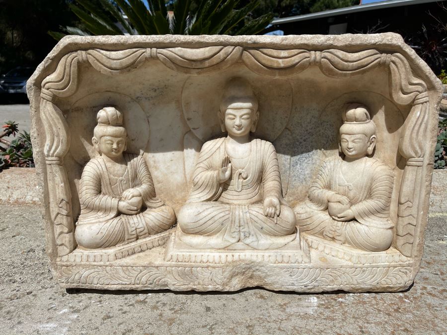 JUST ADDED - Vintage Relief Carved Stone Buddha Sculpture - (Very Heavy ~200lb) 24W X 6D X 16H [Photo 4]