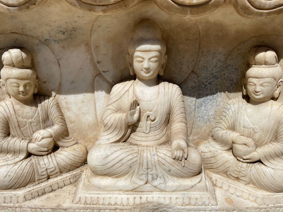 JUST ADDED - Vintage Relief Carved Stone Buddha Sculpture - (Very Heavy ~200lb) 24W X 6D X 16H [Photo 7]