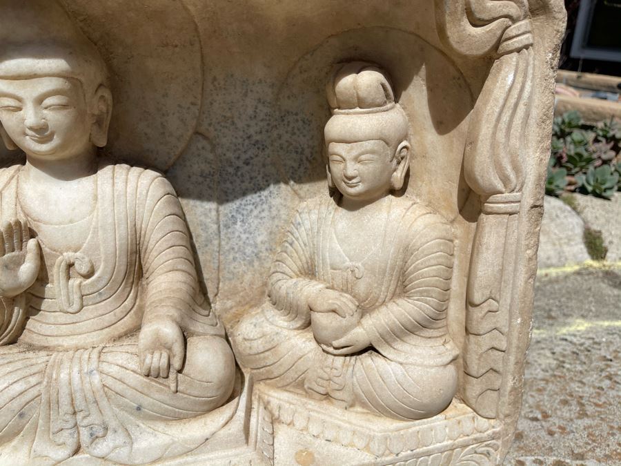 JUST ADDED - Vintage Relief Carved Stone Buddha Sculpture - (Very Heavy ~200lb) 24W X 6D X 16H [Photo 9]