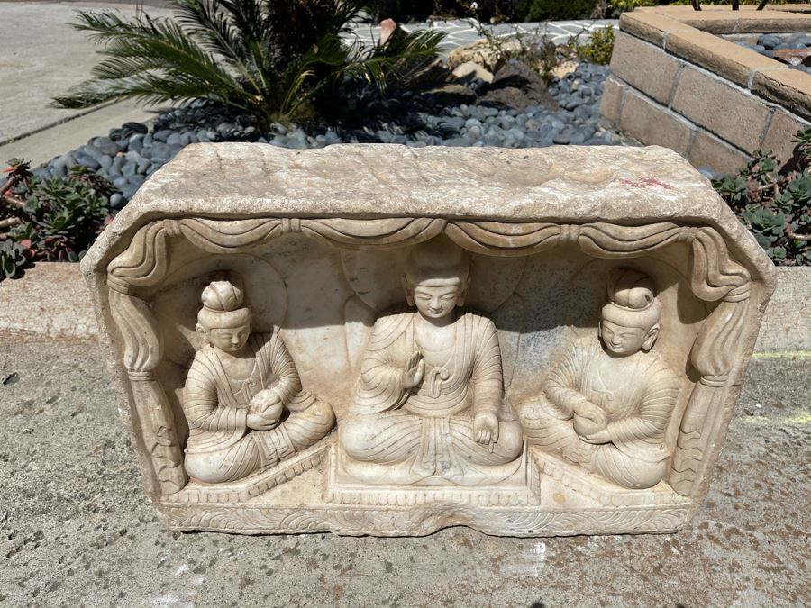 JUST ADDED - Vintage Relief Carved Stone Buddha Sculpture - (Very Heavy ~200lb) 24W X 6D X 16H [Photo 6]