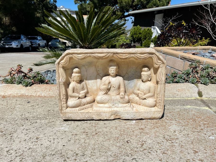 JUST ADDED - Vintage Relief Carved Stone Buddha Sculpture - (Very Heavy ~200lb) 24W X 6D X 16H [Photo 3]