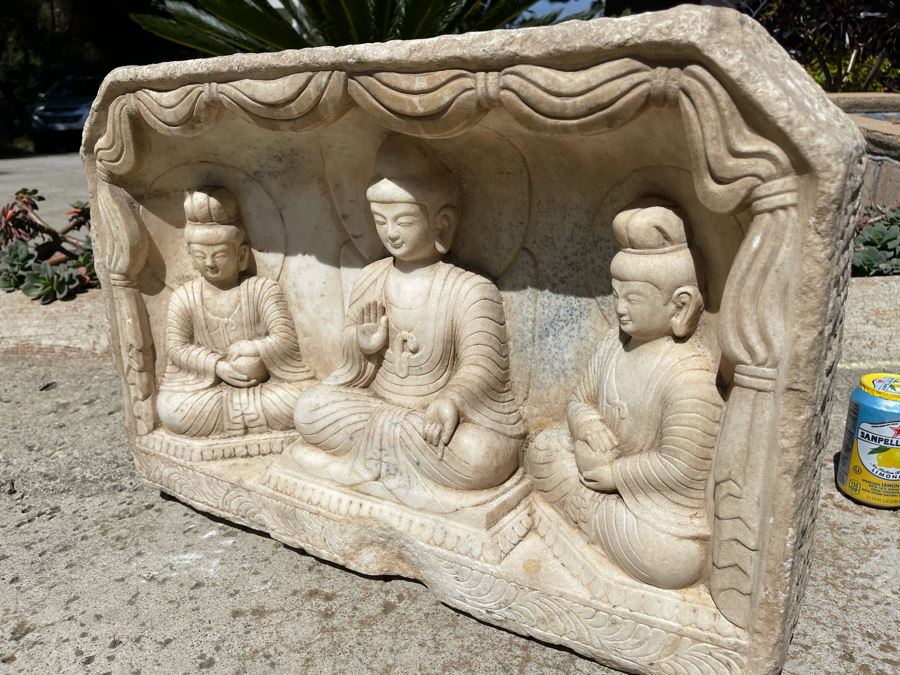 JUST ADDED - Vintage Relief Carved Stone Buddha Sculpture - (Very Heavy ~200lb) 24W X 6D X 16H [Photo 18]