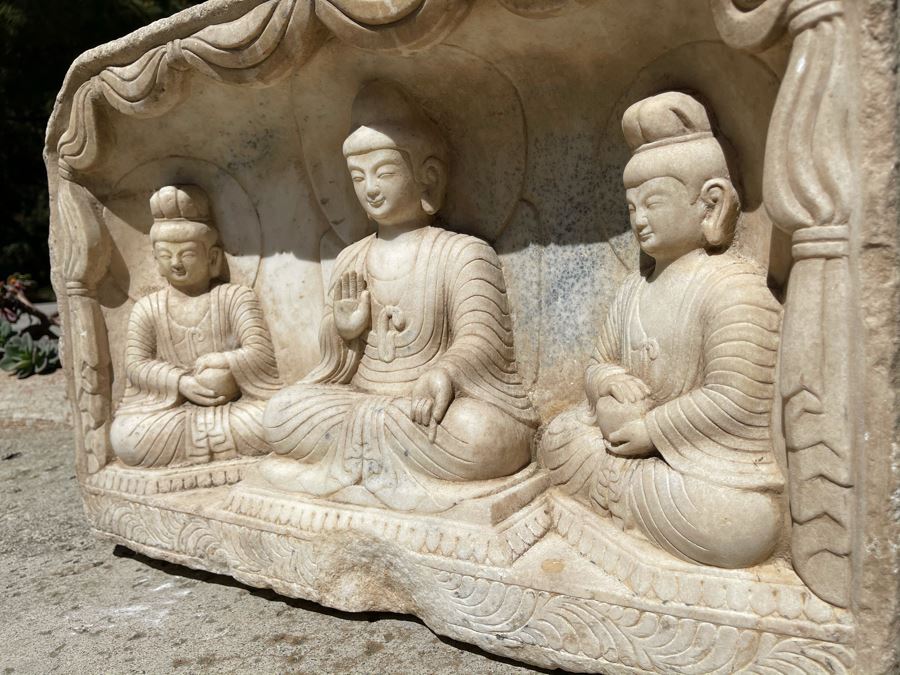 JUST ADDED - Vintage Relief Carved Stone Buddha Sculpture - (Very Heavy ~200lb) 24W X 6D X 16H [Photo 17]