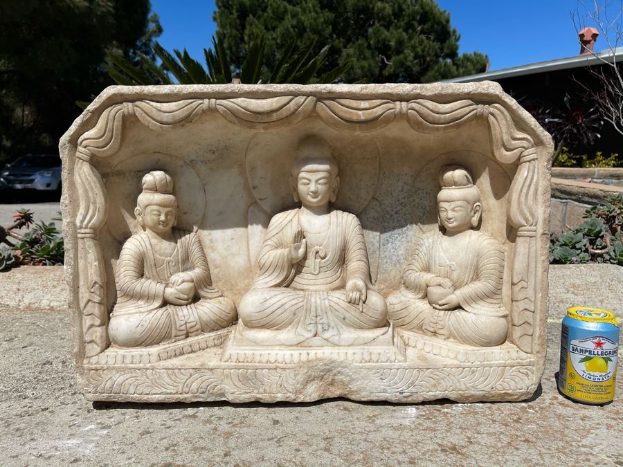 JUST ADDED - Vintage Relief Carved Stone Buddha Sculpture - (Very Heavy ~200lb) 24W X 6D X 16H [Photo 13]