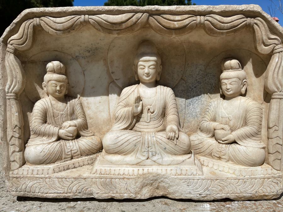 JUST ADDED - Vintage Relief Carved Stone Buddha Sculpture - (Very Heavy ~200lb) 24W X 6D X 16H [Photo 15]