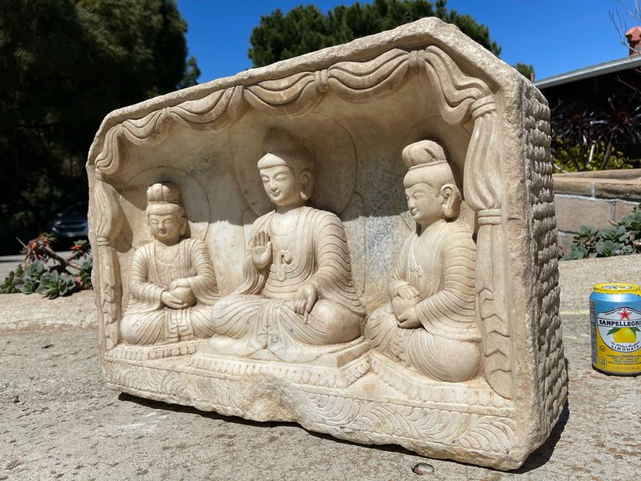 JUST ADDED - Vintage Relief Carved Stone Buddha Sculpture - (Very Heavy ~200lb) 24W X 6D X 16H [Photo 16]