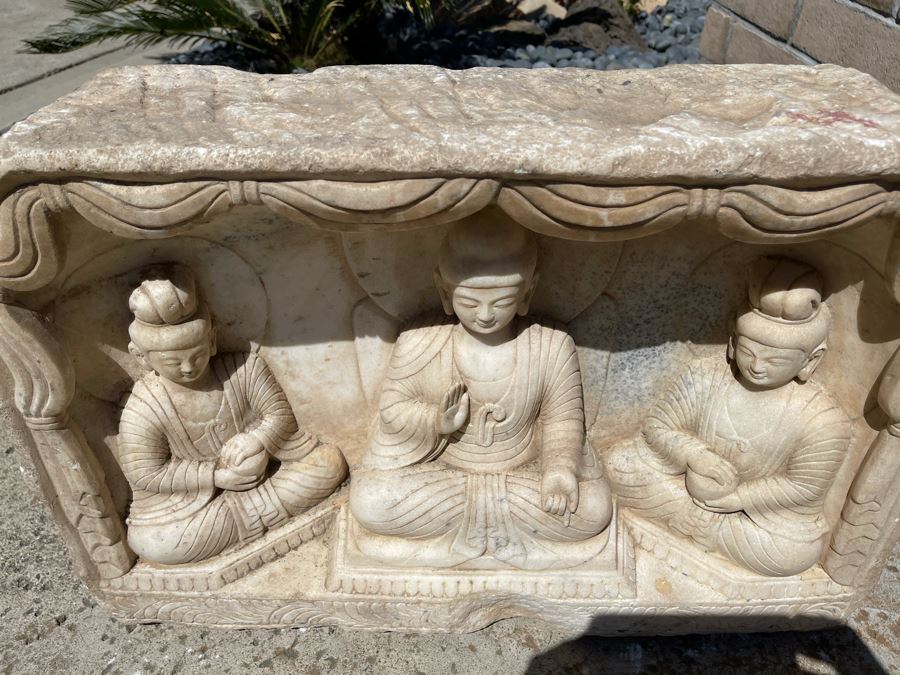 JUST ADDED - Vintage Relief Carved Stone Buddha Sculpture - (Very Heavy ~200lb) 24W X 6D X 16H [Photo 10]