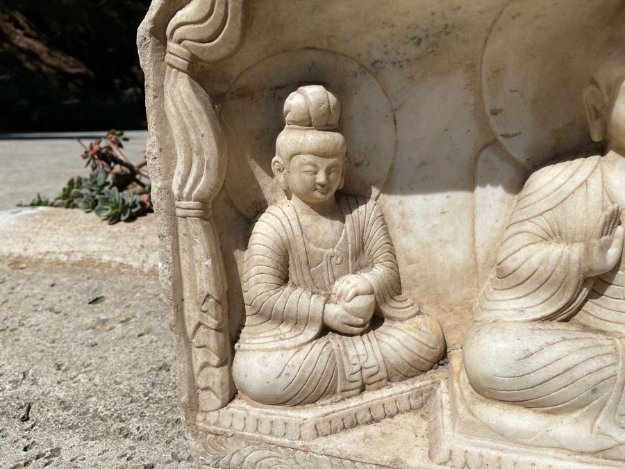 JUST ADDED - Vintage Relief Carved Stone Buddha Sculpture - (Very Heavy ~200lb) 24W X 6D X 16H [Photo 8]