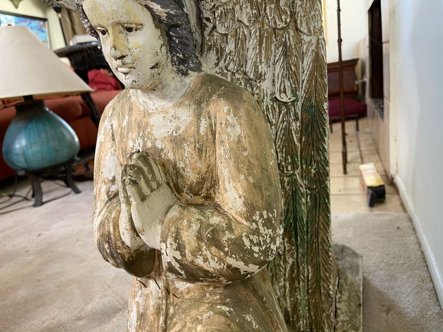 Antique Carved Wooden Praying Angels With Glass Eyes Shabby Chic Console Table - Base Is 24W X 15D X 28H / Glass Is 48W X 18D [Photo 12]