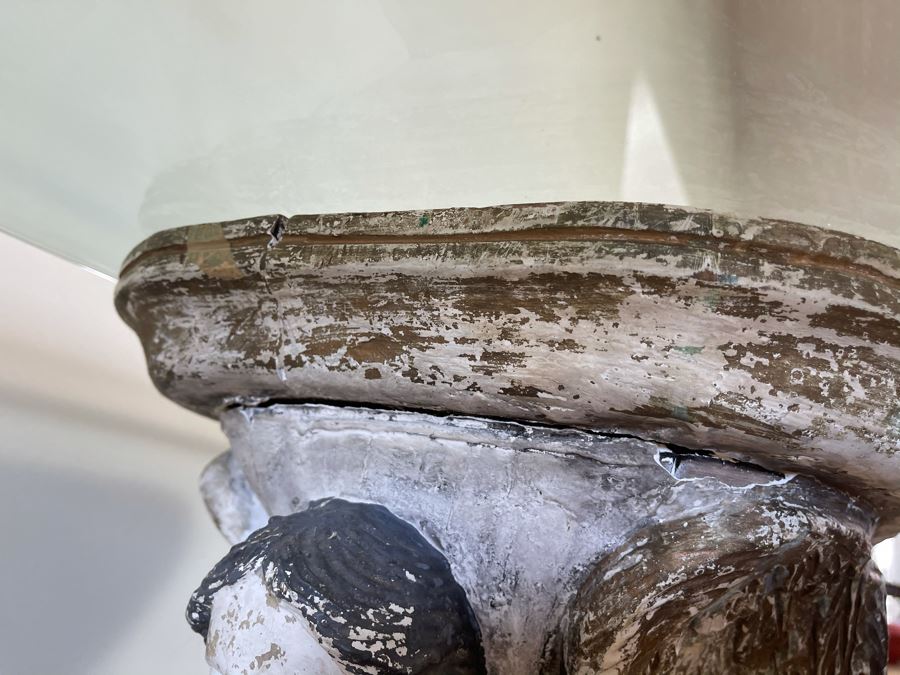 Antique Carved Wooden Praying Angels With Glass Eyes Shabby Chic Console Table - Base Is 24W X 15D X 28H / Glass Is 48W X 18D [Photo 14]