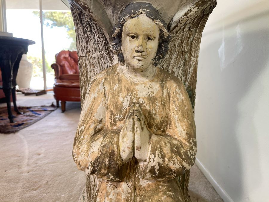 Antique Carved Wooden Praying Angels With Glass Eyes Shabby Chic Console Table - Base Is 24W X 15D X 28H / Glass Is 48W X 18D [Photo 7]